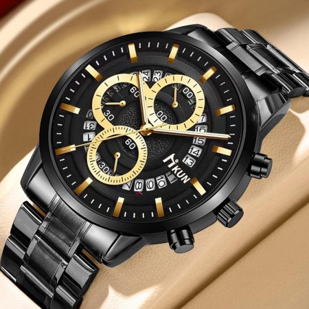 Nikun New Fashion Quartz Watch for Men Stainless Steel Waterproof Luminous Date Mens Watches Top Brand Luxury Clock- Black