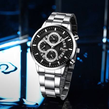Nikun New Fashion Quartz Watch for Men Stainless Steel Waterproof Luminous Date Mens Watches Top Brand Luxury Clock- Silver & Black