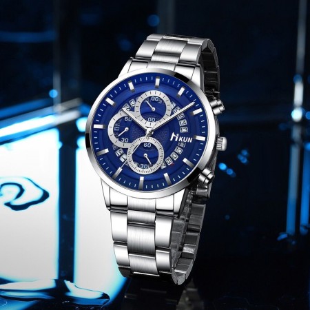 Nikun New Fashion Quartz Watch for Men Stainless Steel Waterproof Luminous Date Mens Watches Top Brand Luxury Clock- Silver & Blue
