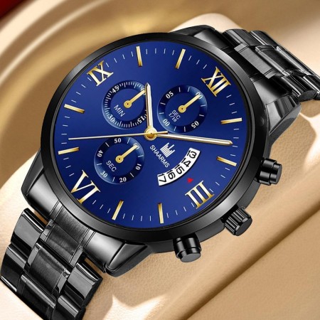 Shaarms New Fashion Quartz Watch for Men Stainless Steel Waterproof Luminous Date Mens Watches Top Brand Luxury Clock- Black & Blue