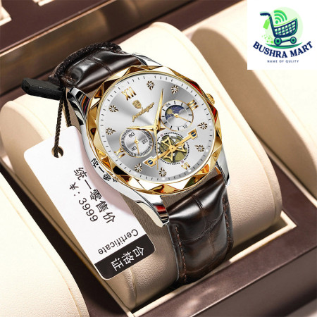 POEDAGAR Con belt Luxury Watch for Men Leather Man Wristwatch Quartz- Silver