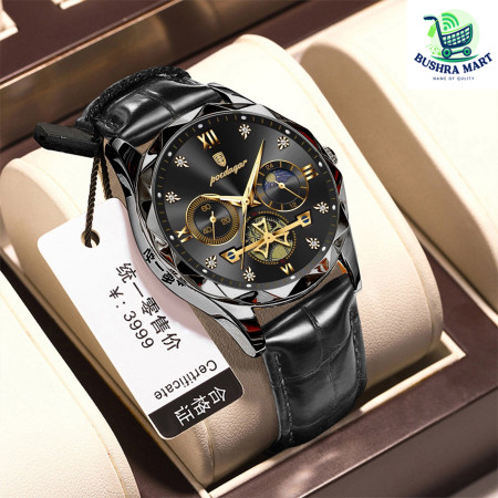 POEDAGAR Con belt Luxury Watch for Men Leather Man Wristwatch Quartz- Black