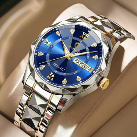 Luxury Binbond authentic men watch waterproof night light dual calendar watch men quartz watch diamond ceiling glass- Blue