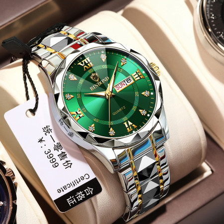 Luxury Binbond authentic men  watch waterproof night light dual calendar watch men quartz watch diamond ceiling glass- Green
