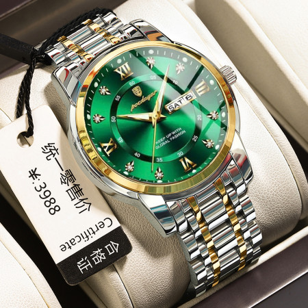 POEDAGAR Luxury Watch for Man Elegant Date Week Waterproof Luminous Men Watch Quartz Stainless Steel Sports Men Watches- Green