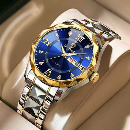 Luxury Binbond authentic men watch waterproof night light dual calendar watch men quartz watch diamond ceiling glass-  Blue & Golden