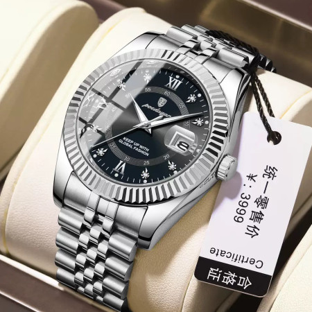 POEDAGAR 910 Luxury Style Men Watches Trend Fashion Wristwatch Original Quartz Watch for Man- Silver & Black
