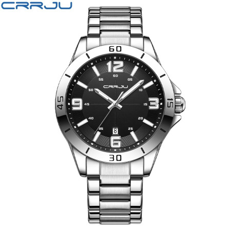 CRRJU Luxury Watch for Man Elegant Waterproof Luminous Men Watch Quartz Stainless Steel Sports Men Watches- Silver & Black