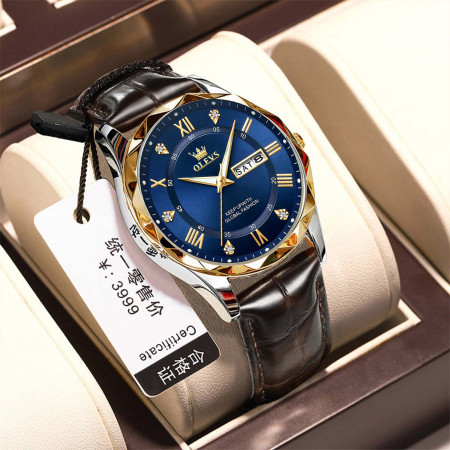 OLEVE Belt New Fashion Blue Quartz Watch for Men High Quality Leather Waterproof Luminous Date Week Mens Watches Top Brand Luxury- Blue & Golden