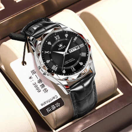 OLEVE Belt New Fashion Blue Quartz Watch for Men High Quality Leather Waterproof Luminous Date Week Mens Watches Top Brand Luxury- Black & Silver