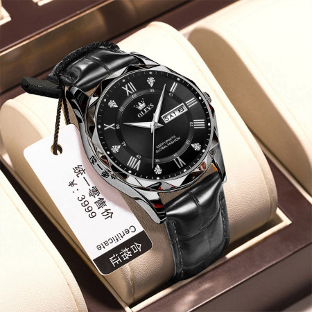 OLEVE Belt New Fashion Blue Quartz Watch for Men High Quality Leather Waterproof Luminous Date Week Mens Watches Top Brand Luxury- Black