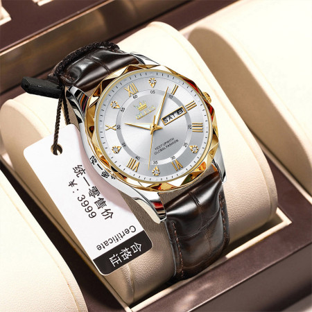 OLEVE Belt New Fashion Blue Quartz Watch for Men High Quality Leather Waterproof Luminous Date Week Mens Watches Top Brand Luxury- Silver & Golden