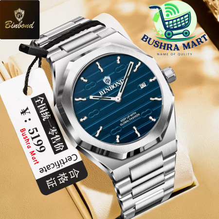 BINBOND 818 Brand Casual Men's Quartz Watch Octagonal Waterproof Night Light Luxurious And Fashionable Men's Quartz Watch Silver & Blue
