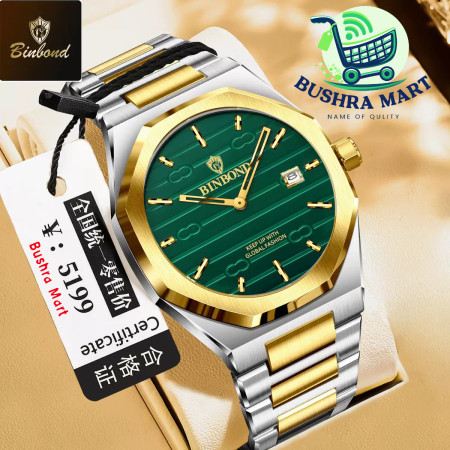 BINBOND 818 Brand Casual Men's Quartz Watch Octagonal Waterproof Night Light Luxurious And Fashionable Men's Quartz Watch - Green & Golden