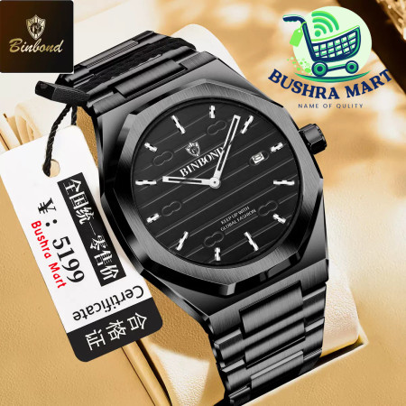 BINBOND 818 Brand Casual Men's Quartz Watch Octagonal Waterproof Night Light Luxurious And Fashionable Men's Quartz Watch - Black
