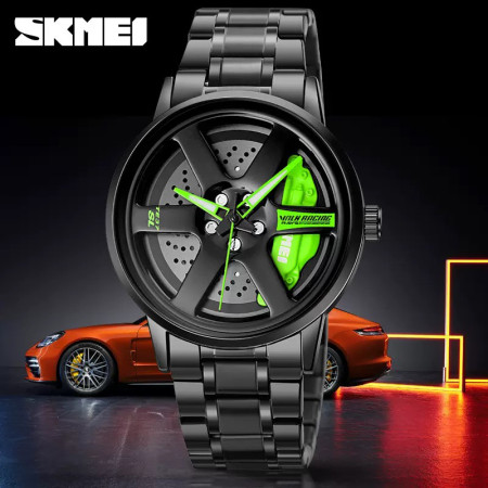 New 3D Real Man Waterproof Rotate Quartz Watches Super Car Rim Spinning Men 360 Wheel Wristwatch For Men Clock- Green & Black