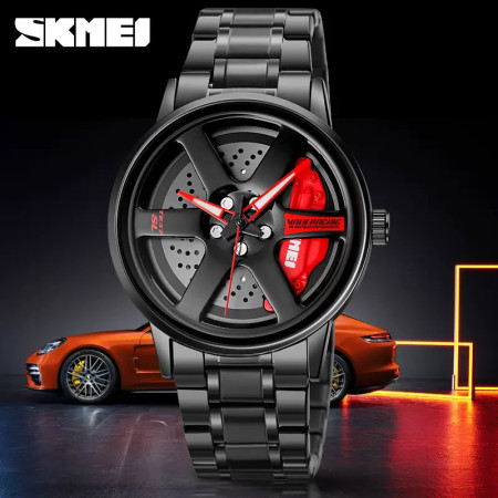 New 3D Real Man Waterproof Rotate Quartz Watches Super Car Rim Spinning  360 Wheel Wristwatch For Men Clock- Red & Black