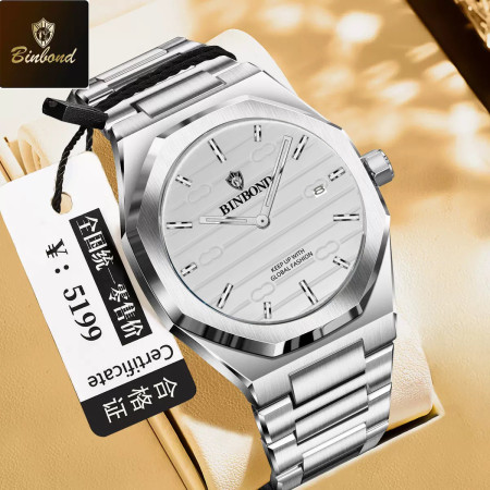 BINBOND 818 Brand Casual Men Quartz Watch Octagonal Waterproof Night Light Luxurious And Fashionable Men Quartz Watch- Silver