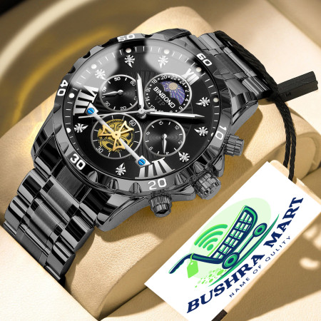 BINBOND W177 Top Brand Men Watch High end Authentic Business Night Light Waterproof Flywheel Gold Steel Belt Male Fashion Quartz Wristwatch- Black
