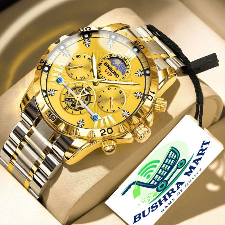 BINBOND W177 Top Brand Men Watch High end Authentic Business Night Light Waterproof Flywheel Gold Steel Belt Male Fashion Quartz Wristwatch- Golden