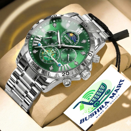 BINBOND W177 Top Brand Men Watch High end Authentic Business Night Light Waterproof Flywheel Gold Steel Belt Male Fashion Quartz Wristwatch- Green