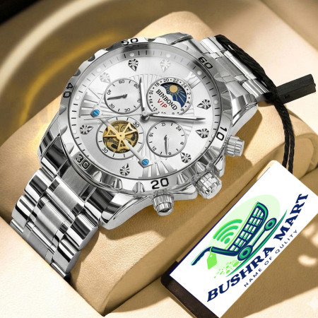 BINBOND W177 Top Brand Men Watch High end Authentic Business Night Light Waterproof Flywheel Gold Steel Belt Male Fashion Quartz Wristwatch- Silver